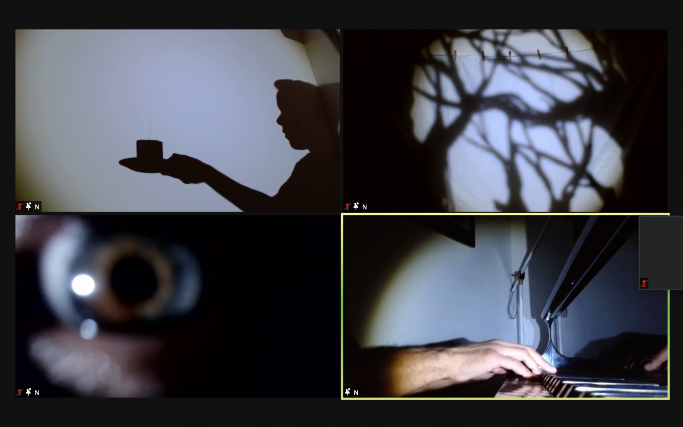 There are four panes in a Zoom presentation. From top right clockwise, they include a paper cutout of a tree, hands on a piano, a hazel eyeball, and a shadow silhouette of a person holding a candle.
